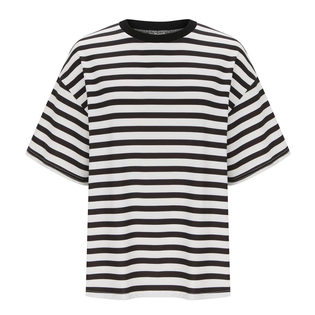 IHUASU Women's Fashion Casual Summer Spring Stripe Print 1/2 Sleeves O-Neck Blouses & Shirts