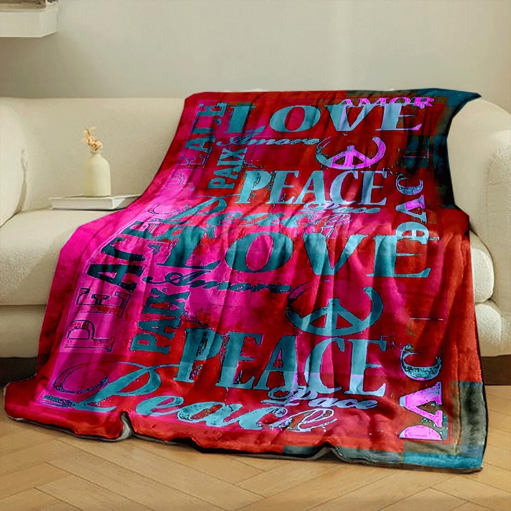 The pattern features colorful "LOVE" and "PEACE" text with peace symbols. for all seasons blanket lunch break throw gift