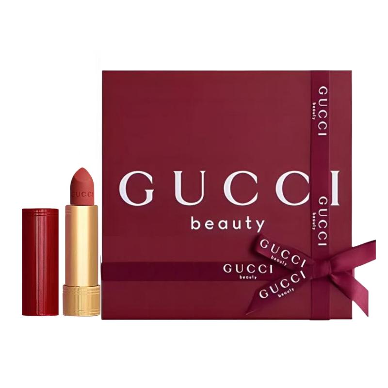 Gucci Golden Velvet Lipstick, Colorful Velvet Mist Lipstick, Red Tube Gift Box, Matte Color, #217 Valeria Rose