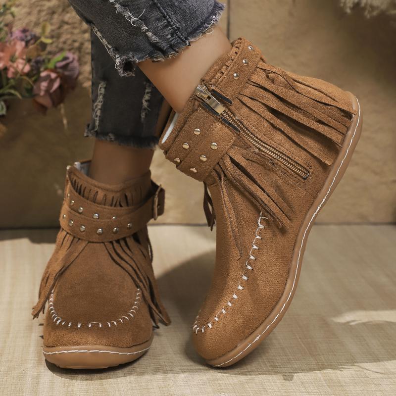 Mode Böhmen Fransen Metallnieten Schnalle Dekoration Reitstiefel Damen 2025 Winter Wildleder Flacher Absatz Stiefeletten Mode Seitlicher Reißverschluss Schuhe