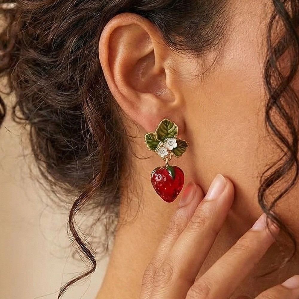 Green Leaves Simulated Fruit Earrings Dainty Flower Drop Earrings Strawberry Drop Earrings Party