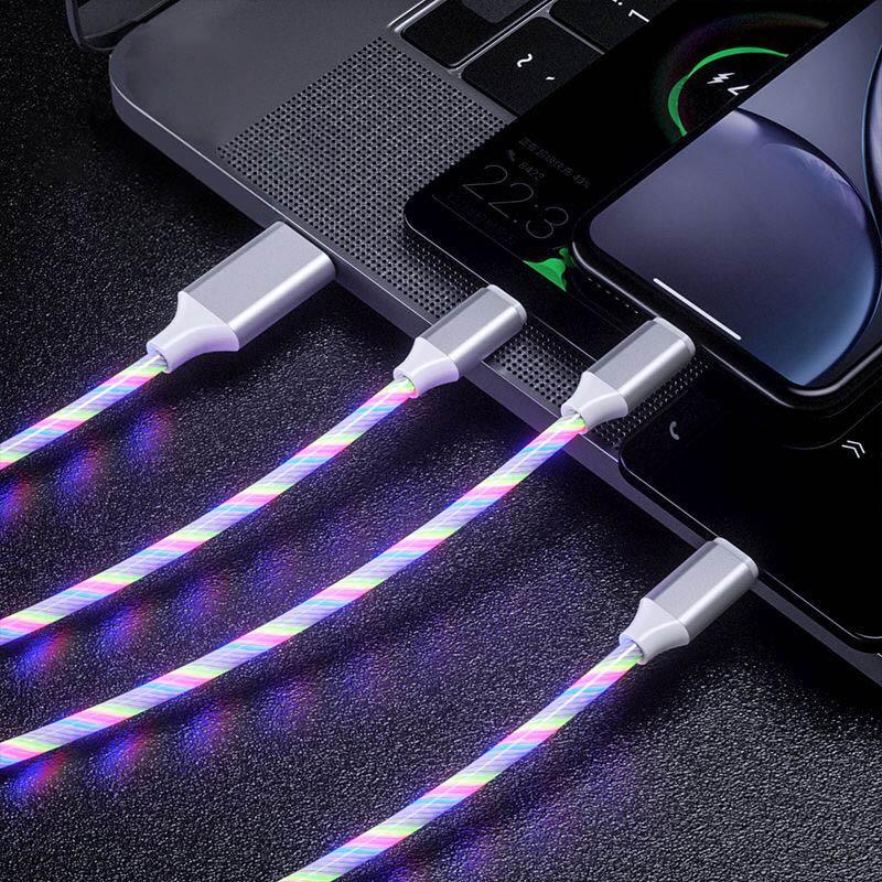 3 In 1 Glowing Charging Cable For Android Huawei XiaoMi Iphone Fashion Light Charging Cable 3A Fast Charging