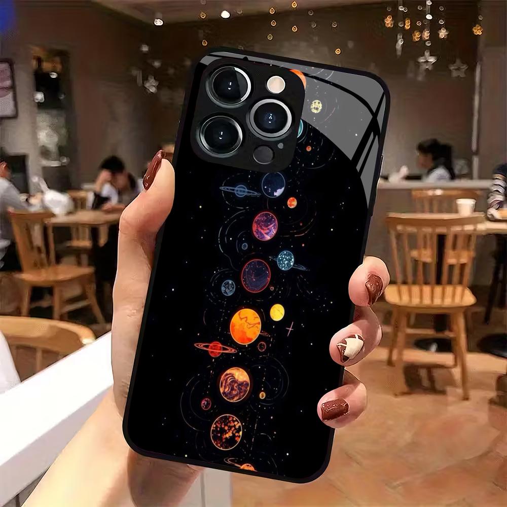 Coque de téléphone portable en verre trempé avec motif de planète, adaptée pour iPhone 17/16/15/14/13/12/11 Pro Max, protection intégrale anti-chute