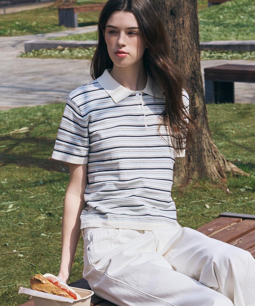 Deuloupisumeon Cotton Striped Short Sleeve Collared Knit [Beige]