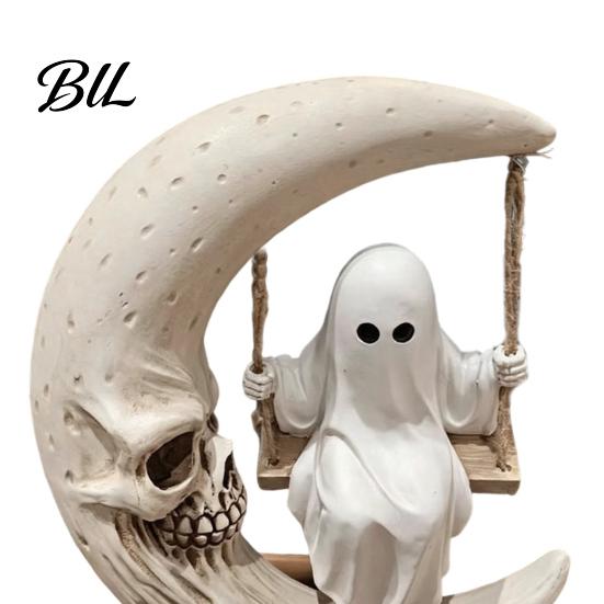 Retro Gothic Decor Halloween Ghost Swing Figurine, Spooky On A Moon Statue, Figurine Resin Home Decoration for Desktop, Mantel, Fireplace, Indoor