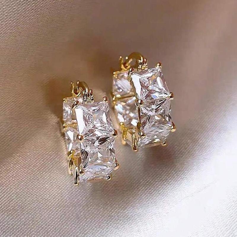 Princess Cut Crystal Stone Hoop Earrings Female Fashion Gold Color Accessories for Daily Wear Stylish Circle Loop Jewelry