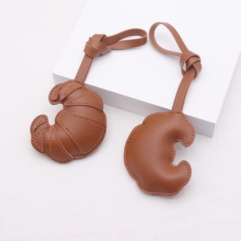 Handstitched Patchwork Croissant Key Holder Vintage Style Leather Decoration Keychain Ornament For Everyday Use