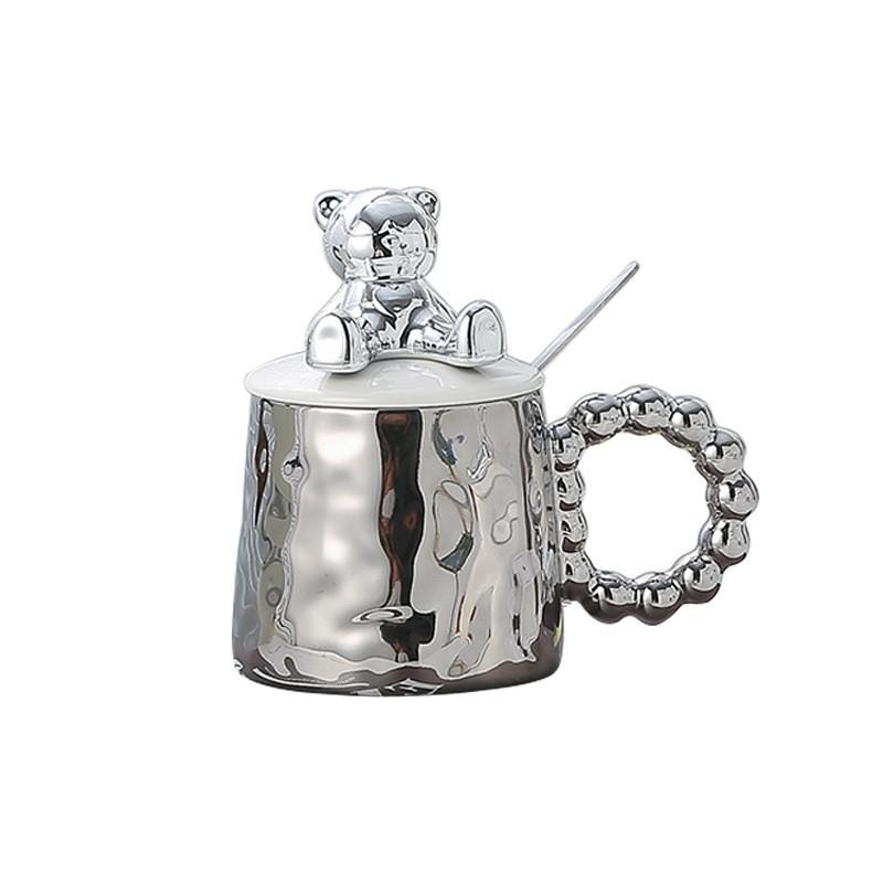 Cană Lux Ușor Galvanizată Cană Ceramică Ursuleț Drăguț cu Suport Capac Cană Cană Nișă Acasă Birou Cană Apă