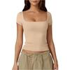 Women Short Sleeve Square Neck Fitted T Shirt Soft Stretchy Ribbed Knit Basic Top for Daily Wear Layering