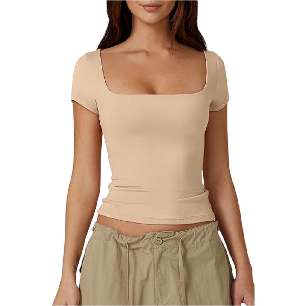Women Short Sleeve Square Neck Fitted T Shirt Soft Stretchy Ribbed Knit Basic Top for Daily Wear Layering