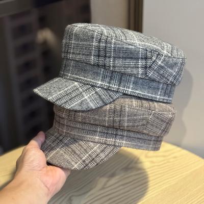 Korean Style Simple Octagonal Hat for Women  Fashionable and Versatile Flat Top Peaked Hat Spring and Autumn New Retro Houndstooth Plaid Painter's Hat