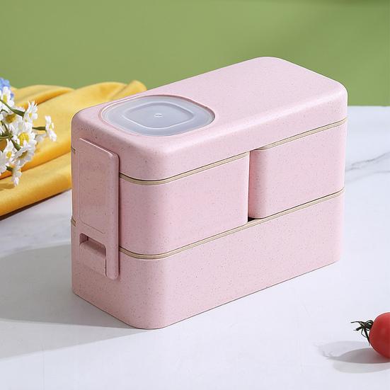 Leak-proof Bento Lunch Box with 3 Compartments Double Layer Buckle Closure Microwave Safe Stackable Salad Box for Kids Adults