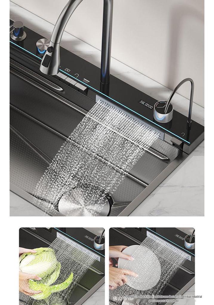 6MM Whale Large Single Bowl Kitchen Sink with Digital Display, Integrated Rain Shower, and 304 Stainless Steel Nano Honeycomb Embossed Design