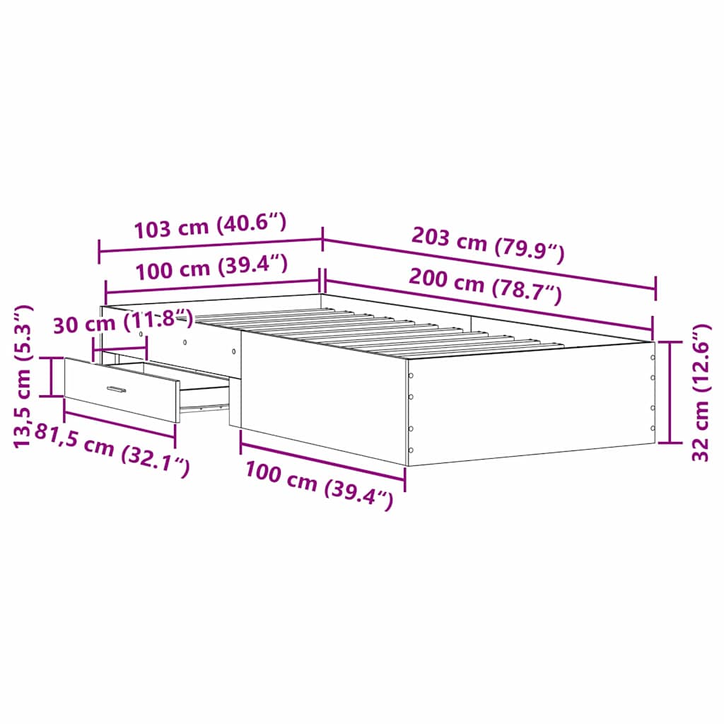 Bed Frame with Drawers Rustic Wood Finish 100 X 200 Cm Engineered Wood