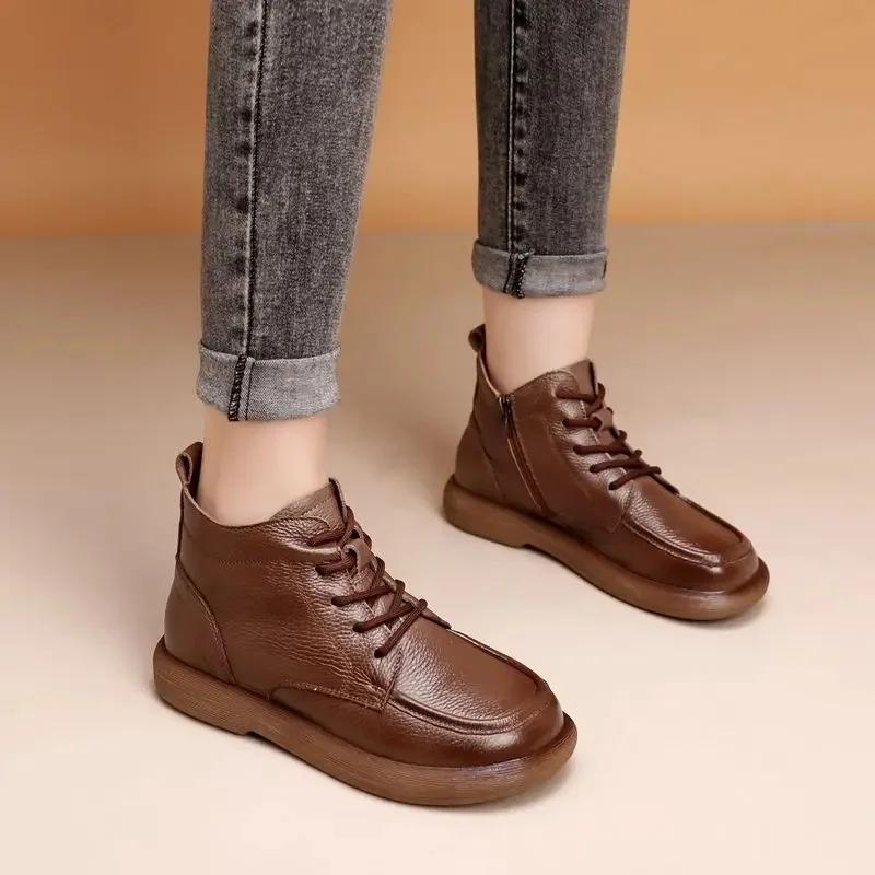 Bottines courtes à fond plat en cuir véritable pleine fleur vintage doublées polaire pour adultes style rétro saison hiver