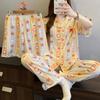 Cute Brown Bear Pajamas Women's Summer New Imitation Cotton Short-sleeved Thin Cartoon Loungewear Three-piece Set