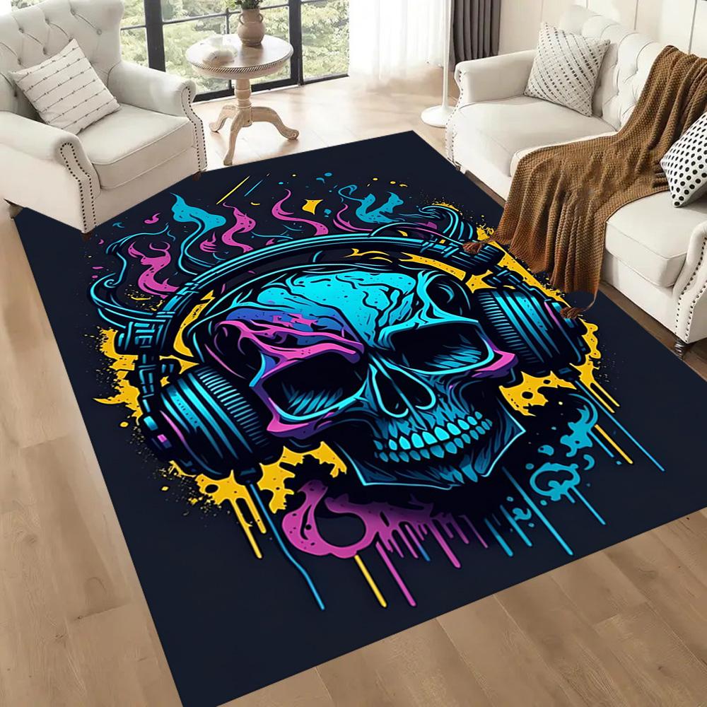 Skull With Headphones And Flames Floor Mats for Living Room, Bedroom and Room Decoration Are Suitable for Gifts.