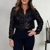 Women Sequin Collared Shirt Long Sleeve Button Down Shirt Sparkly Loose Blouse Top