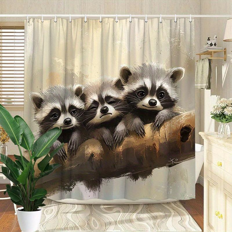 Rideau de douche Raton laveur Curieux - Animaux mignons alignés et accrochés au mur du salon, décoration de chambre - mignon et naturel