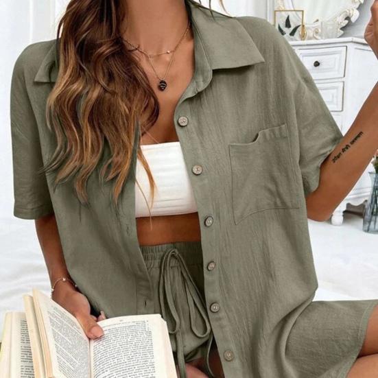2 Pcs/Set Women Shirt Shorts Set Solid Color Short Sleeves Chest Pocket Lapel Blouse Drawstring