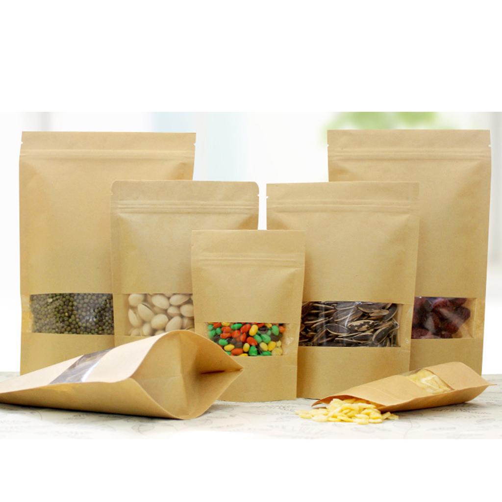 50x Kraft Paper Bag Stand Up Pouch Food Zip Lock Packaging W/ Window 9x14+3
