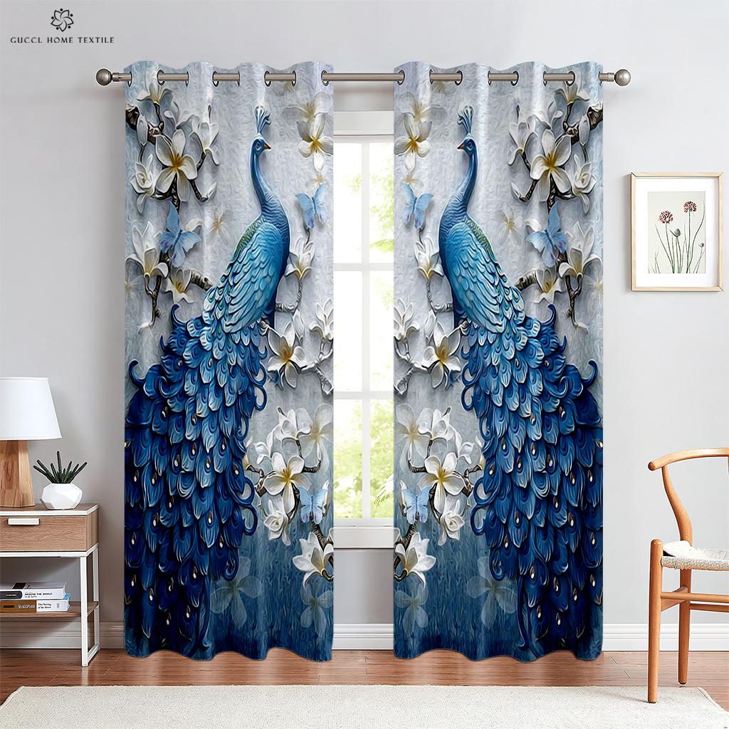 Vintage Peacock 3D Printing Window Curtains, Rod Pocket, Bedroom, Living Room, Kitchen Decoration, Can Be Customized, 2Pcs