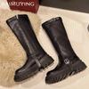 Bottes Hautes à Plateforme en Cuir pour Femmes à Talons Moyens Épais à Boucle de Designer Tendance 2025 Hiver Bottes Gothiques Moto Mi-Mollet Femme