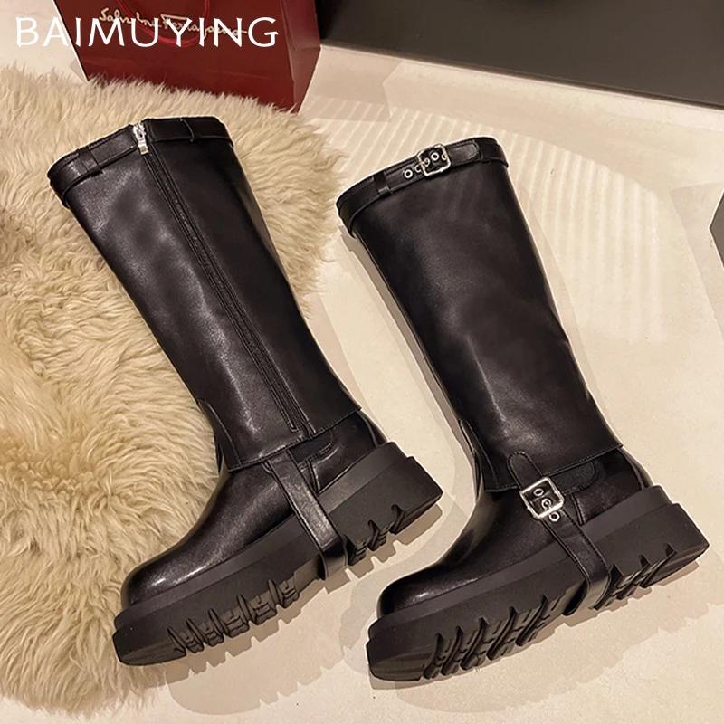 Bottes Hautes à Plateforme en Cuir pour Femmes à Talons Moyens Épais à Boucle de Designer Tendance 2025 Hiver Bottes Gothiques Moto Mi-Mollet Femme