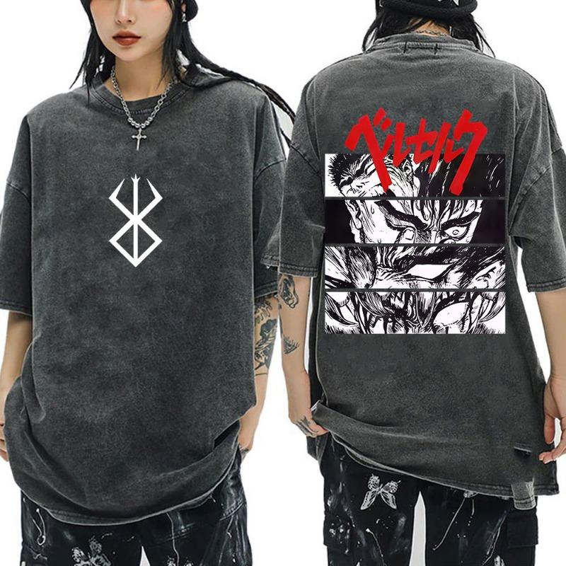 Anime Berserk Guts Vintage Washed T Shirt Manga Gatsu Griffith Zodd T-shirts Women Clothing Cotton Casual Oversized T-Shirt