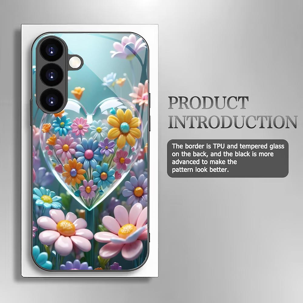 Capa de celular de vidro temperado colorida em formato de coração com flores, adequada para Samsung GalaxyS26 S25 S24 S22 S21 S20FE/Ultra/Plus anti-queda