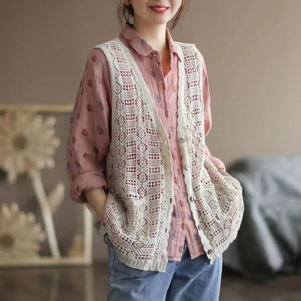 Sommer Spitzennähte Gehäkelte Hohle Baumwolle Einfarbig Ärmellose Strickjacke Übergröße