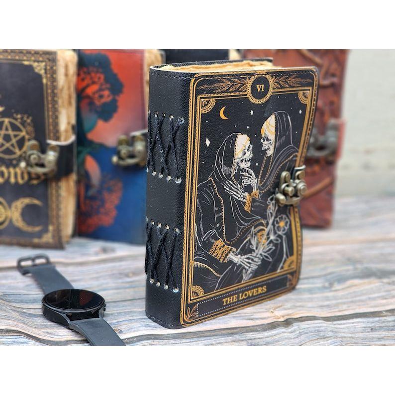 Grimoire Journal - Leather Print Journal - Blank Spell Book of Shadows, Wiccan, Book of Lovers Gifts, Gift for Him Her