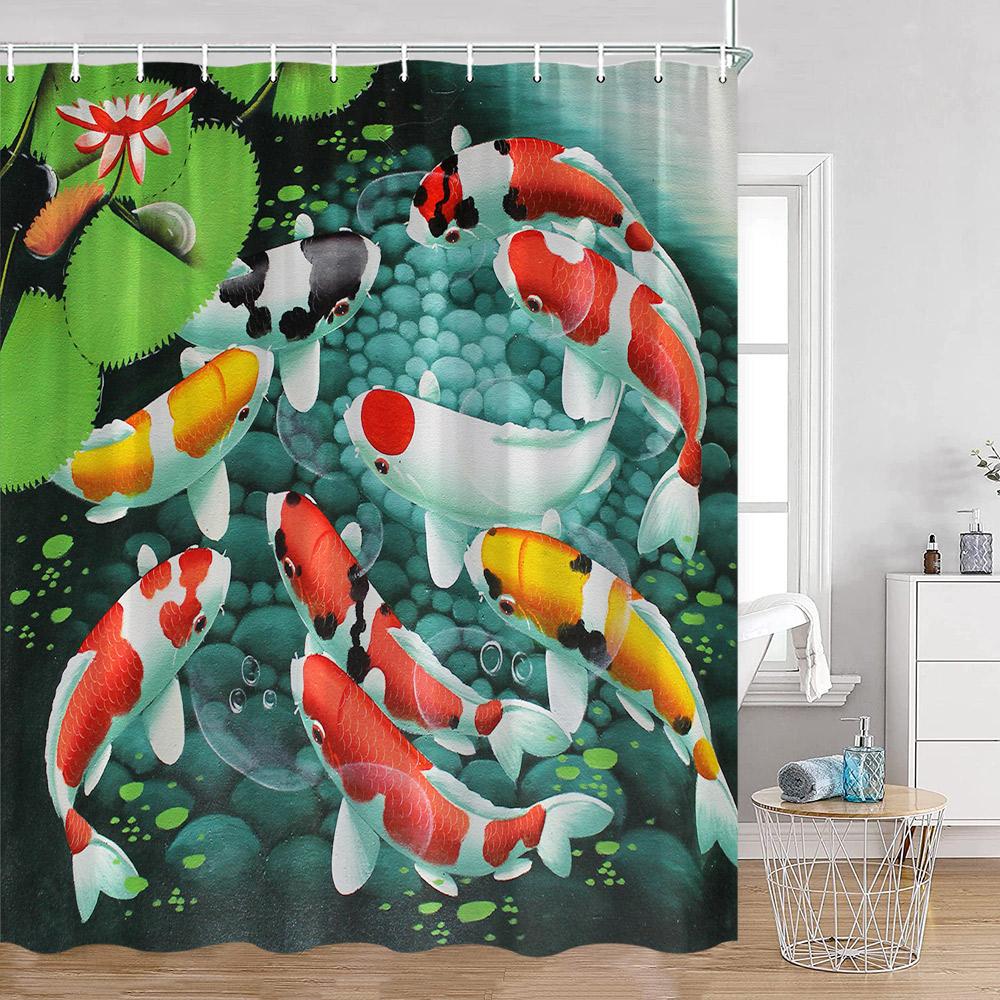 Pink Flowers Koi Carp Shower Curtains Cherry Blossom Pond Watercolor Floral Bathroom Decoration Polyester Fabric Bathtub Curtain