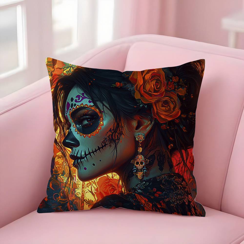 Halloween Sugar Skull Girl Pillow Case Short Plush Double-Sided Print Square Throw Pillow Covers Sofa Home Cushion Decor