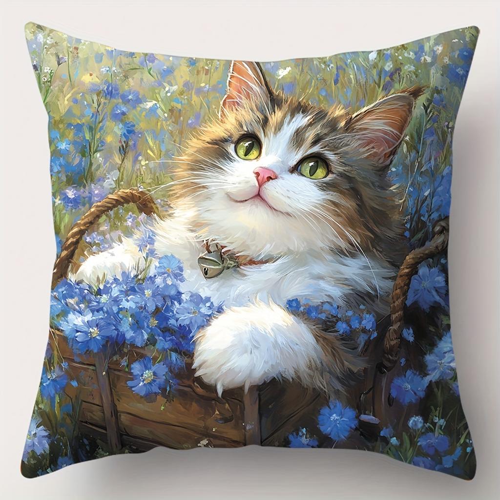 Cute Cat Prints On Blue Flower Decorative Cushions Polyester Pillowcase, Sofa Decorative Cushion Cov Headboard Pillow
