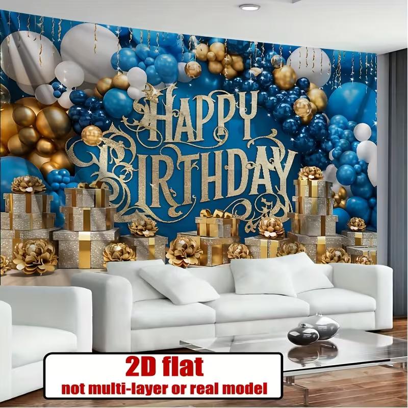 2D Alles Gute zum Geburtstag Hintergrundtuch Blaue Goldene Luftballons und Geschenke Wanddeko
