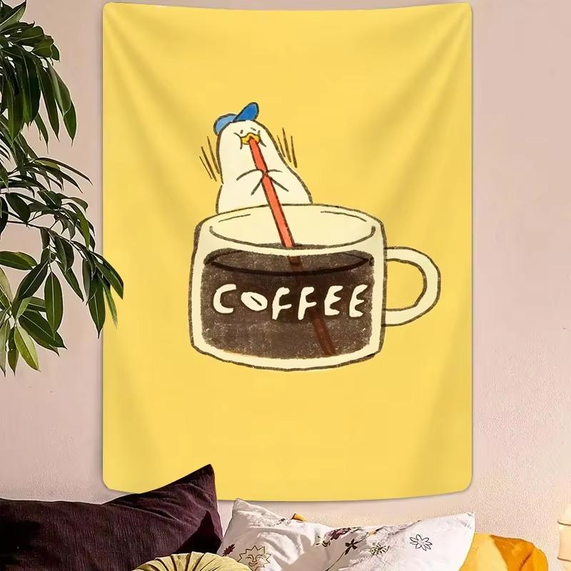Cute Duck Drinking Coffee Tapestry, Yellow Background Art Poster For Coffee Lovers Dorm Bedroom Aesthetic Wall Decor