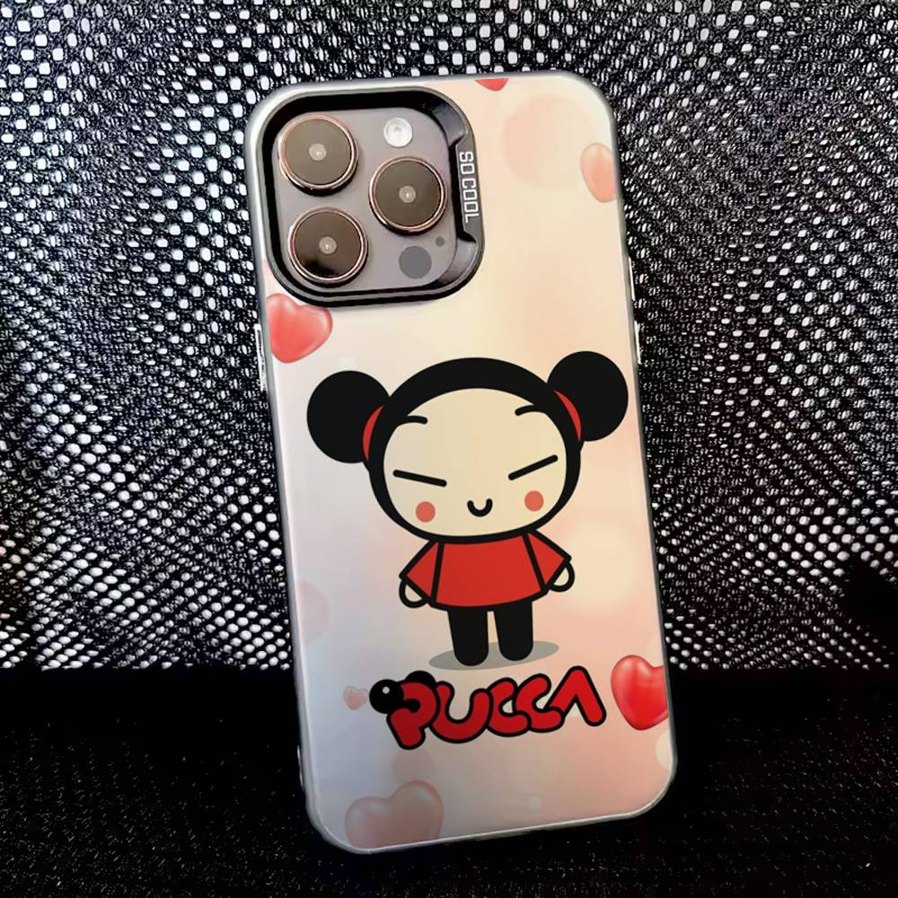 Pucca Süß Liebe Handyhülle Für iPhone 16,15,14,13,12,11,8,7,Pro,Max,Plus,Mini,XS,SE Anti-Fall Schwarz Matt Hart