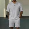 Men Cable Knit Texture 2 Piece Outfit Short Sleeve Polo Shirt And Casual Shorts Set