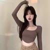 T-shirt with Slim Long Sleeves Design Bottom Shirt, Belly Button Exposed Hot Girl Short Student, Female Short Female