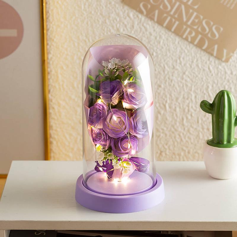 Eternal Rose Glass Lampshade with Baby's Breath Dried Flowers - Valentine's Gift Soap Flower Lamp
