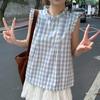 Women's Sleeveless Shirt Korean Version Loose Round Neck Plaid Pleated Famale Shirts Summer Daily Comfortable Sweet Beauty Style Ladies Top
