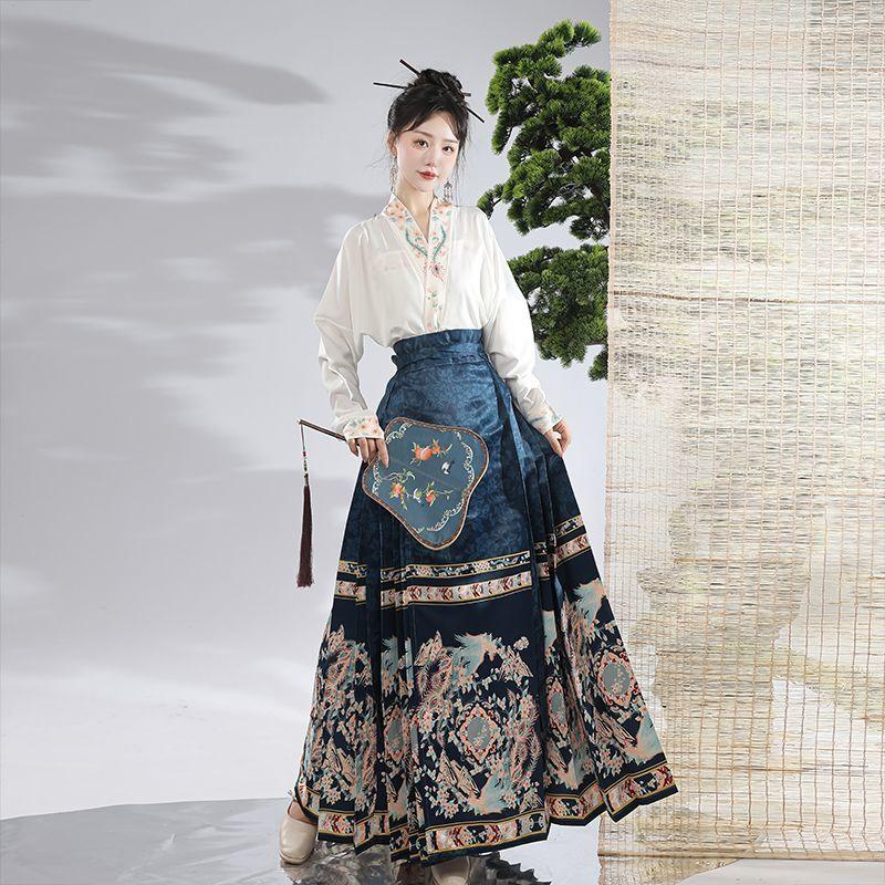 Estilo chinês da dinastia Ming saia com cara de cavalo terno feminino para deslocamento diário