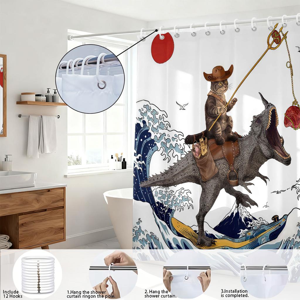 1Pc Funny Cat Dinosaur Print Waterproof Shower Curtain Partition Privacy Hanging Curtain, 12 Hooks, Multiple Sizes