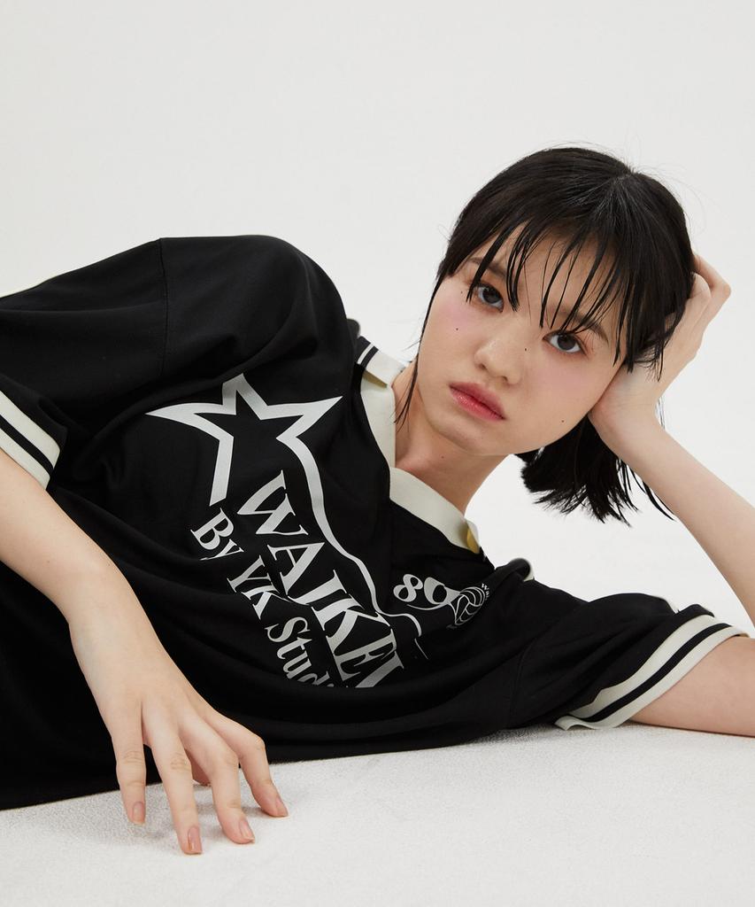 WAIKEI Star Logo Collar Jersey Short Sleeve T-Shirt Black