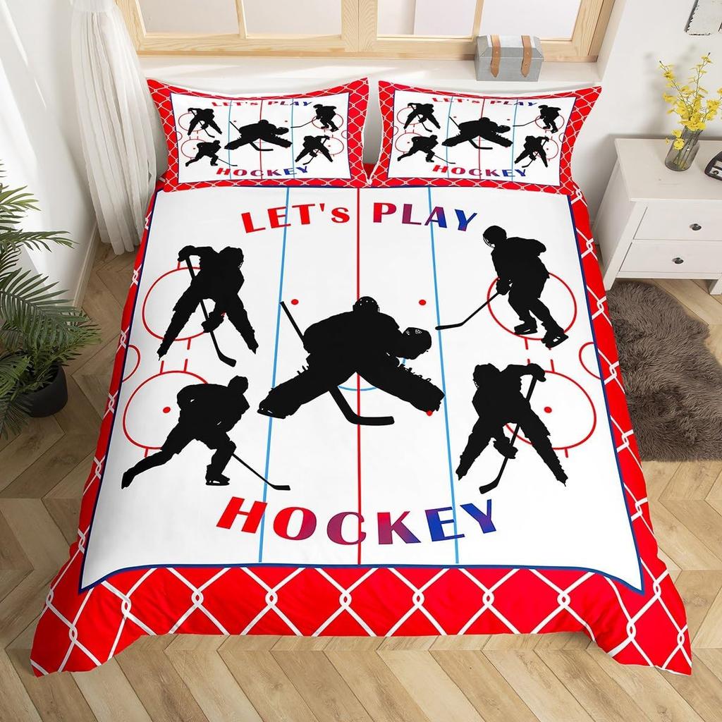 Eishockey Bettbezug Twin Queen für Kinder Jungen Mädchen Junger Mann Winter Eissport Spiele Bettdeckenbezug Helm Schlittschuhe Bettwäscheset