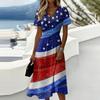 Women V Neck Short Sleeve Casual Dress with Star and Stripe Print Soft Fabric Loose Fit Mid Length for Daily Wear