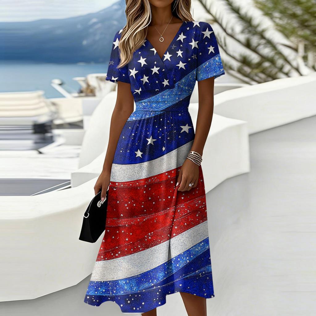 Women V Neck Short Sleeve Casual Dress with Star and Stripe Print Soft Fabric Loose Fit Mid Length for Daily Wear