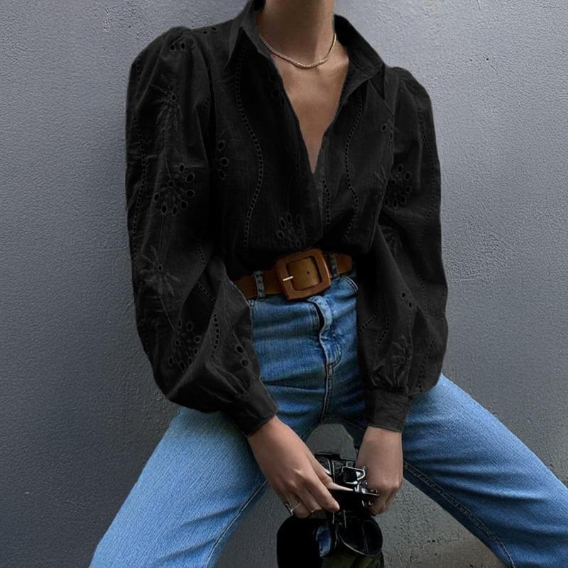 Elegante Moda Solta Renda Camisa Feminina Casual Vazada Bufante Manga Longa Top Manga Longa Botão Único Escritório Blusa Lisa Doce Simples Gola Feminina