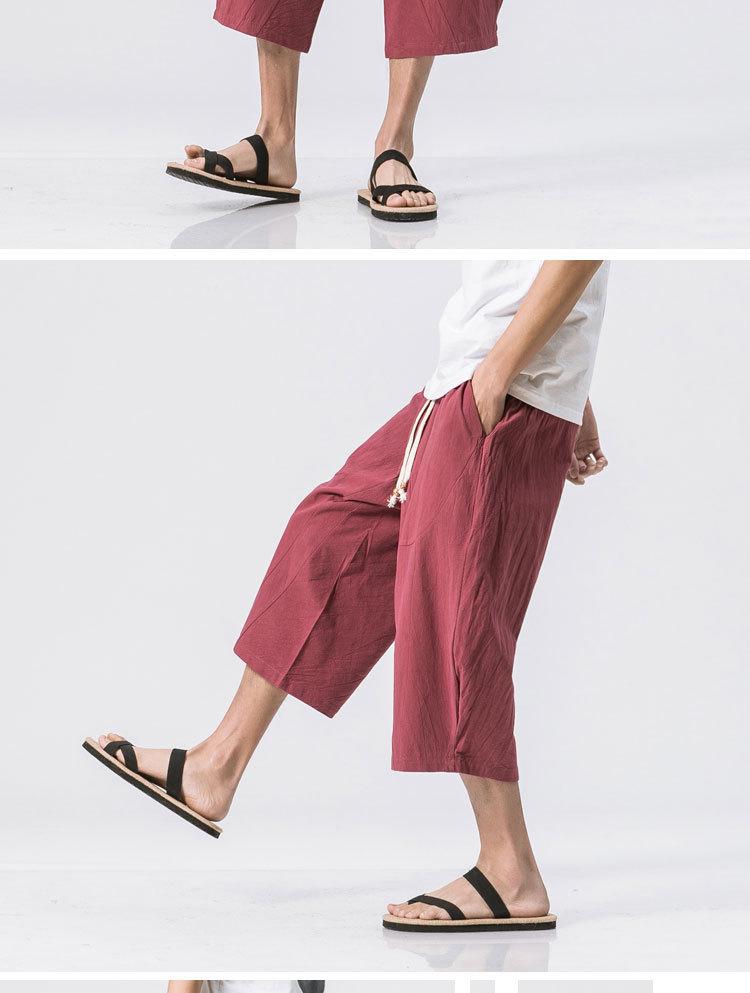 Herren Sommer Locker Geschnittene Leinen Caprihosen - Einfarbig, Übergröße, Chinesischer Stil Freizeithose